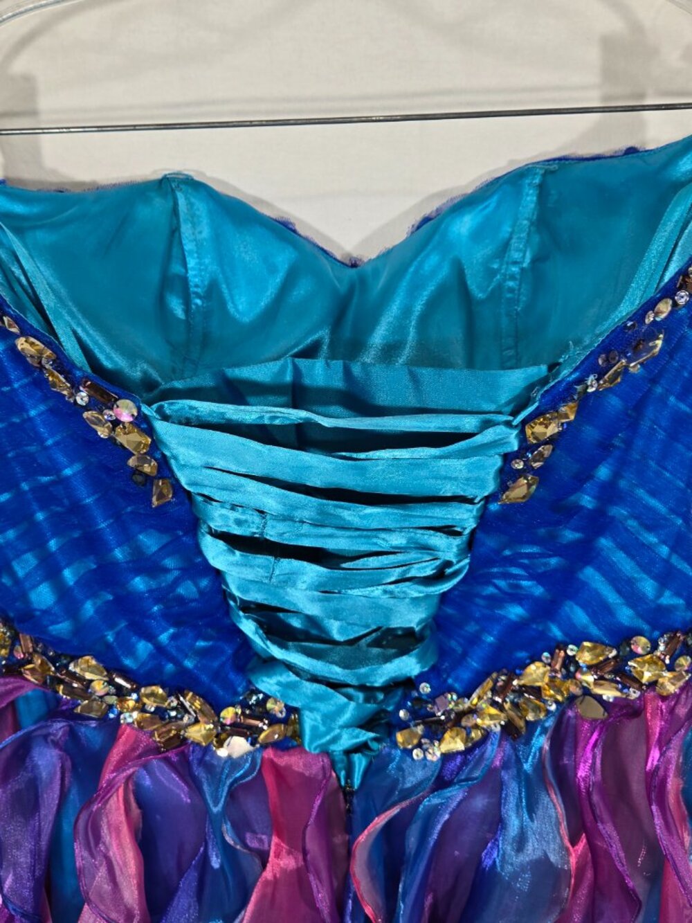 Y2K Vintage PRECIOUS FORMALS Blue-Ombre Strapless Ruffles Mini DRESS Size 8-12. - Picture 5 of 17